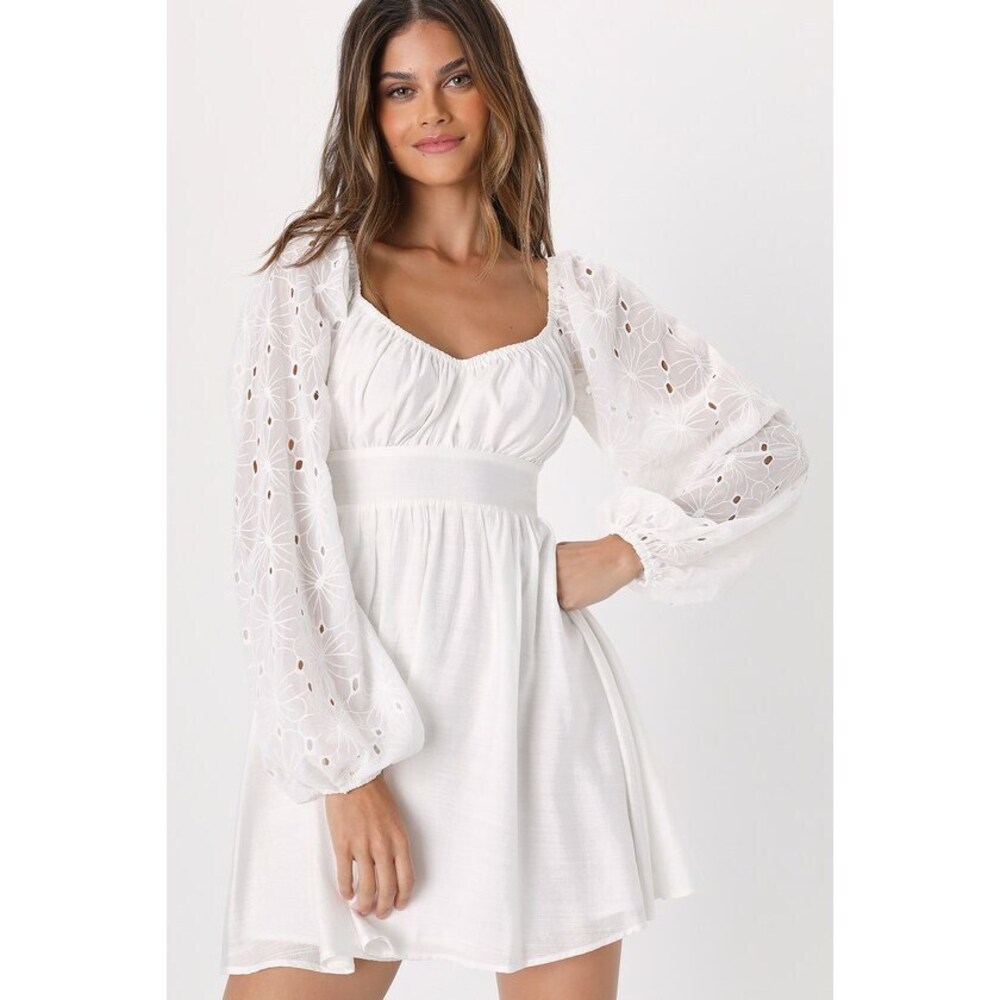 Lulus Simple Sweetheart White Eyelet Balloon Sleeve Mini Dress - Size S